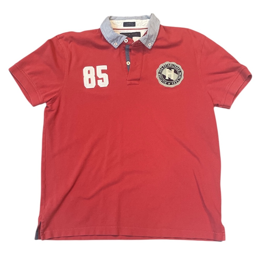 Tommy Hilfiger Polo Shirt Red Short Sleeve Custom Fit Patch 85/H Size Large